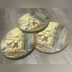 Vintage Lot of 3 - Wood Etched Ducks Birds Cork Back Coasters